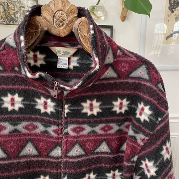 Vintage Haband Burgundy Grey Aztec Southwest Blanket Print Fleece Jacket L - Picture 1 of 6